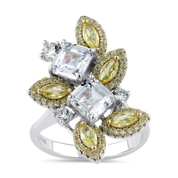 Sterling Silver Yellow and Clear CZ Cluster Ring New - Picture 1 of 4